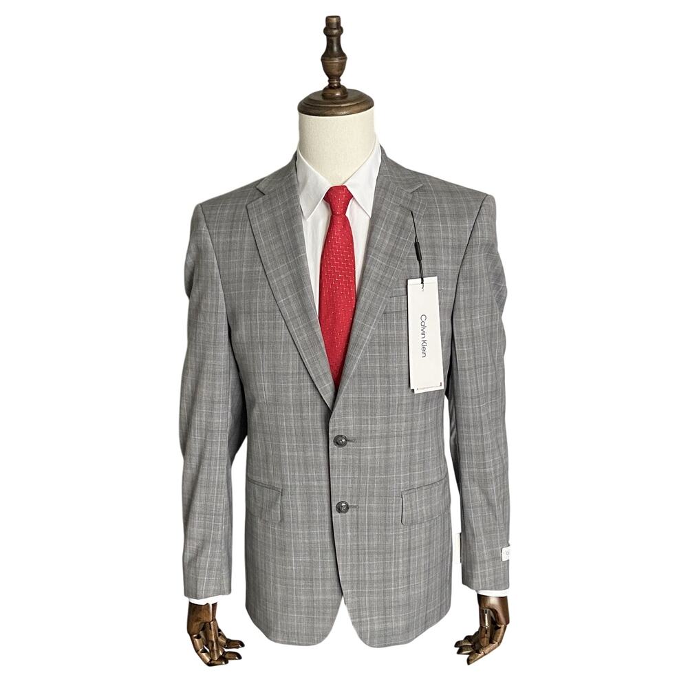 Calvin Klein Suit Jacket Men's 40R Xtra Slim Fit Wool Blend Light Grey Plaid NWT